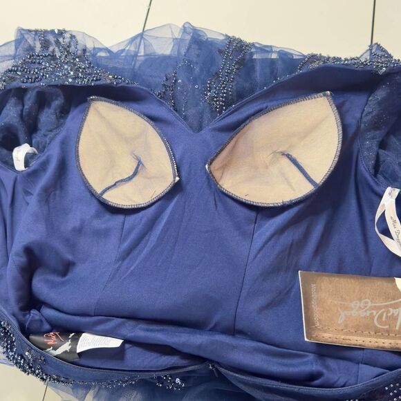 Mac Duggal Midnight Blue Embellished Flutter Sleeve Tea-Length Dress Size 0 NEW! - Picture 8 of 13